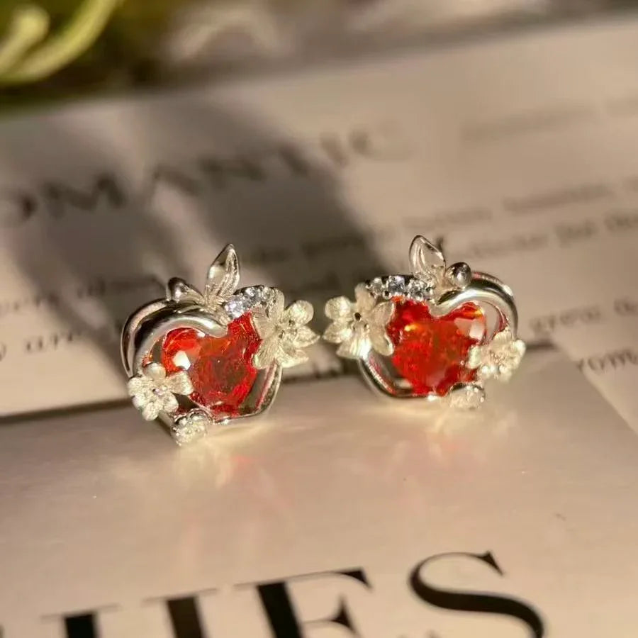 Aretes de aro con zircón rubí rojo en forma de begonia, joyería de perno prisionero de Love And Deepspace Xia Yizhou, ideal para fans y novias