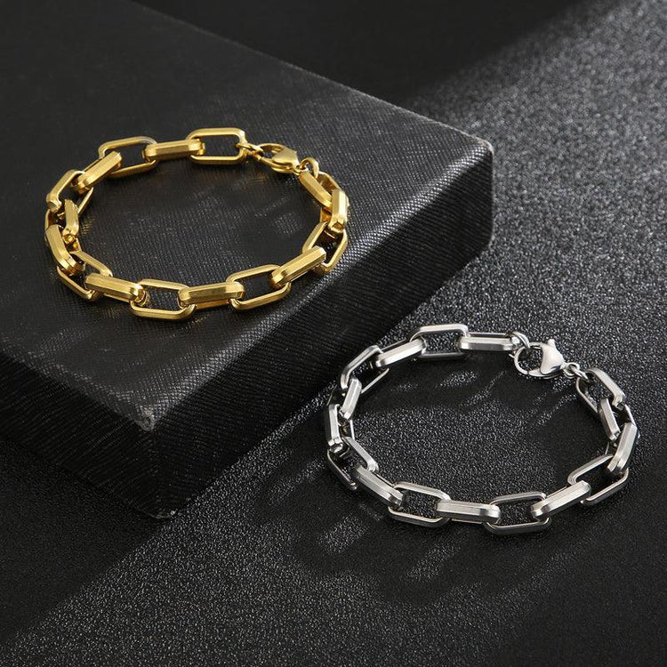 Pulsera de acero titanio para hombres con diseño geométrico y estilo hip-hop, de la marca JewerlyDreams.